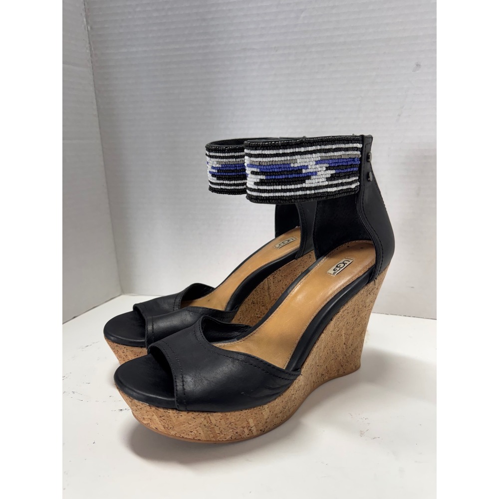 UGG Lucianna Black Leather Beaded Ankle Strap Cork Wedge Sandals 1010183 Size 7